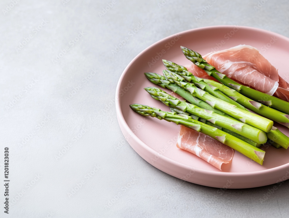 Fresh Asparagus and Prosciutto on a Pink Plate: Minimalist Culinary Elegance Fresh Asparagus and Prosciutto on a Pink Plate: Minimalist Culinary Elegance