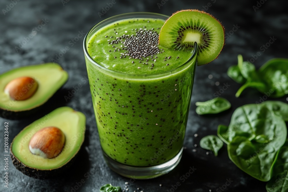 Green smoothie with kiwi, avocado, and spinach. Healthy drink recipe Green smoothie with kiwi, avocado, and spinach. Healthy drink recipe