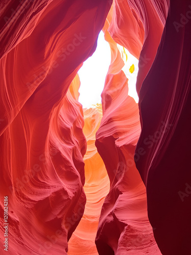 The interior of a sunlit canyon displays richly textured rock layers in shades of orange and cream, creating a dramatic and captivating scene of natural art. photo