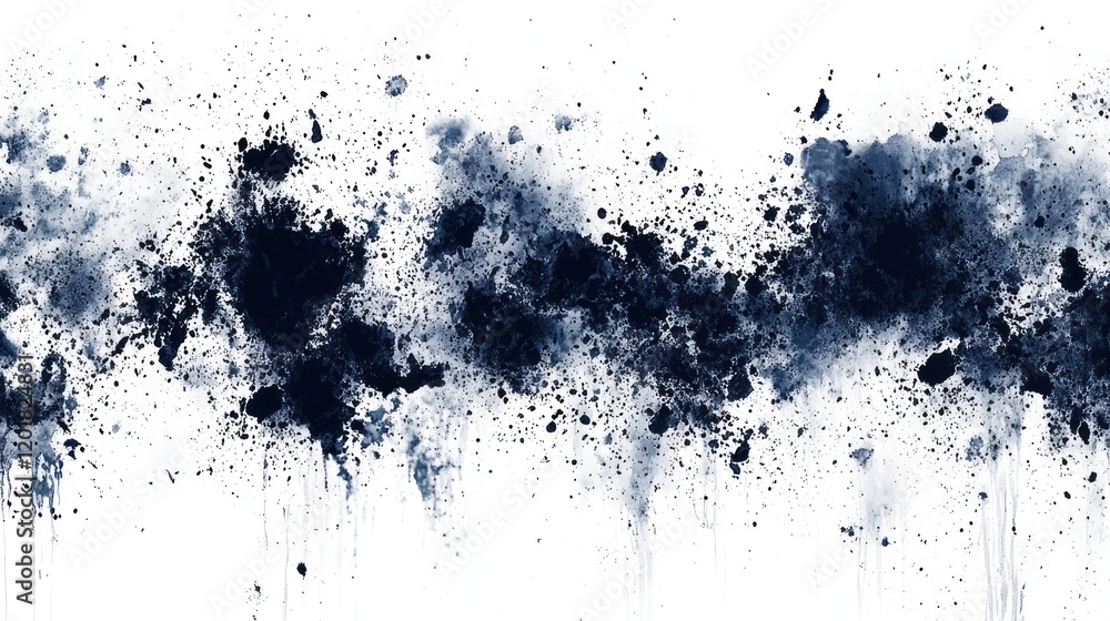Abstract Ink Splatter Composition in Dark Blue and Black Hues Against a White Background Abstract Ink Splatter Composition in Dark Blue and Black Hues Against a White Background