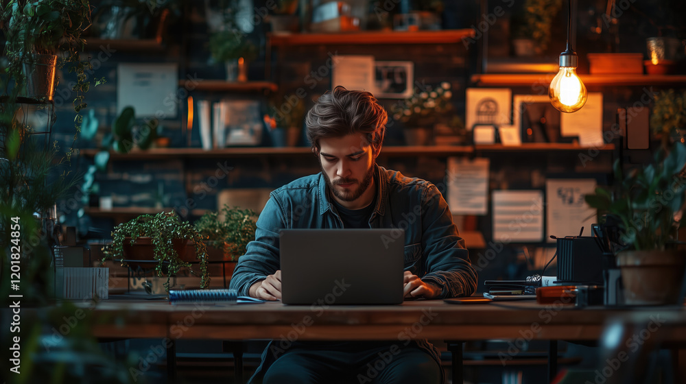 Focused young man working on a laptop in a cozy workspace surrounded by plants and warm lighting Focused young man working on a laptop in a cozy workspace surrounded by plants and warm lighting