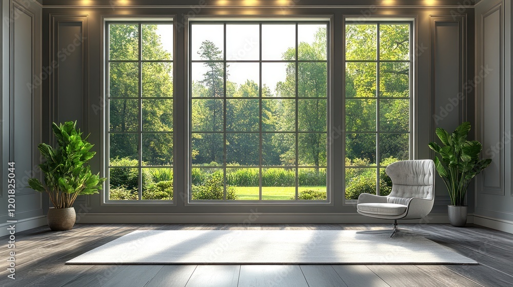 Fototapeta premium Luxurious room with large window overlooking a garden