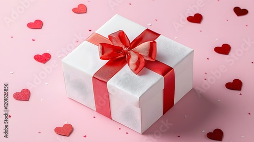 Elegant White Gift Box with Bold Red Bow on Pastel Pink Background