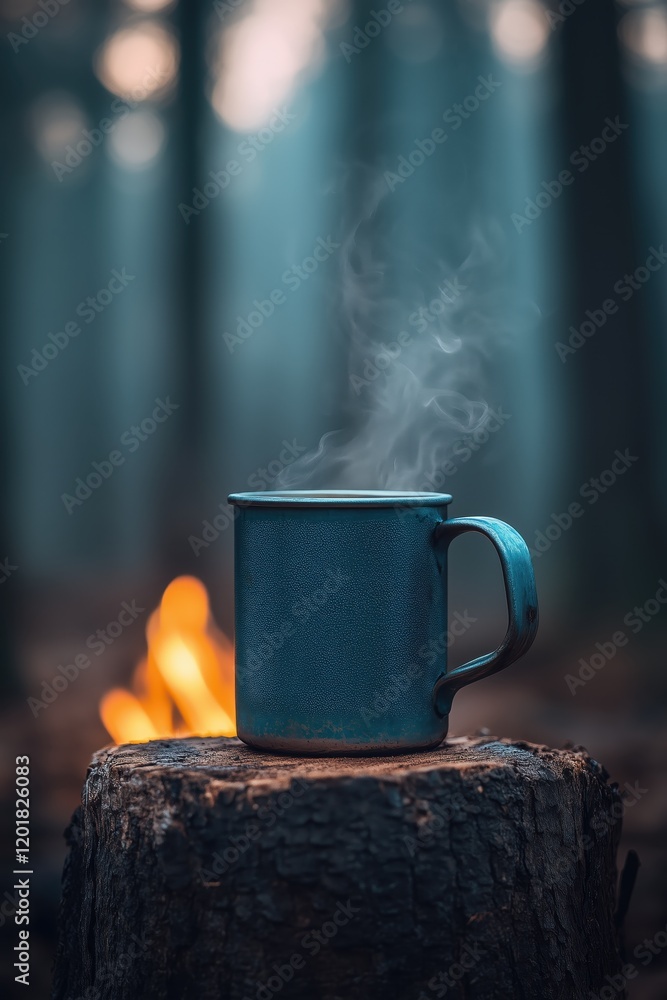 Steam rises from a warm mug resting on a stump near a campfire in a serene forest setting at dusk Steam rises from a warm mug resting on a stump near a campfire in a serene forest setting at dusk