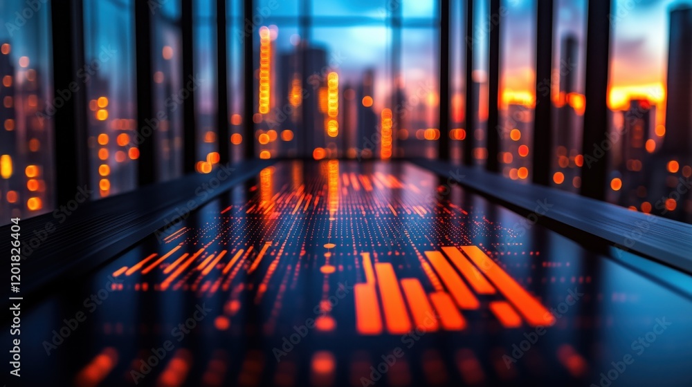 Digital patterns reflect on a glass surface overlooking a city skyline during sunset Digital patterns reflect on a glass surface overlooking a city skyline during sunset