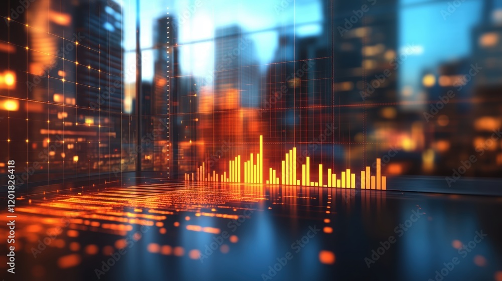 Fototapeta premium Urban skyline with digital sound wave visualization reflecting modern technology and energy in city atmosphere