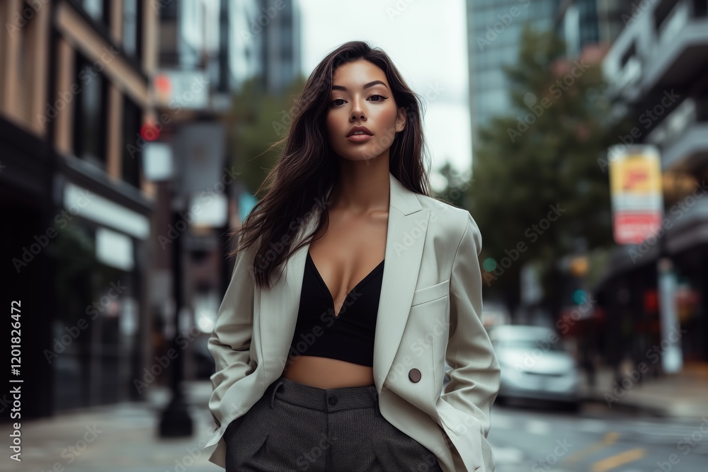 Fototapeta premium Woman in elegant streetwear outfit with cream blazer and dark trousers