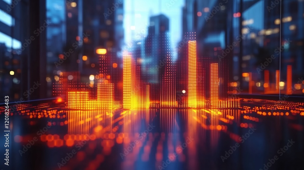 Obraz premium Vibrant digital city skyline with glowing data visualizations during twilight hours