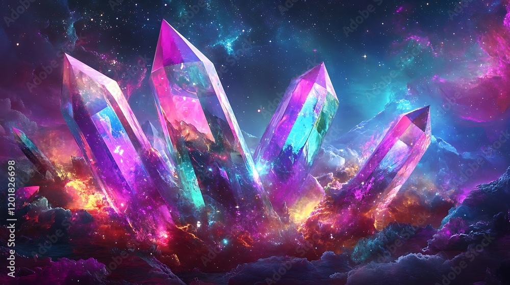 Floating bright crystals and colorful digital gemstones set against a vivid abstract space backdrop with intricate glowing designs Floating bright crystals and colorful digital gemstones set against a vivid abstract space backdrop with intricate glowing designs