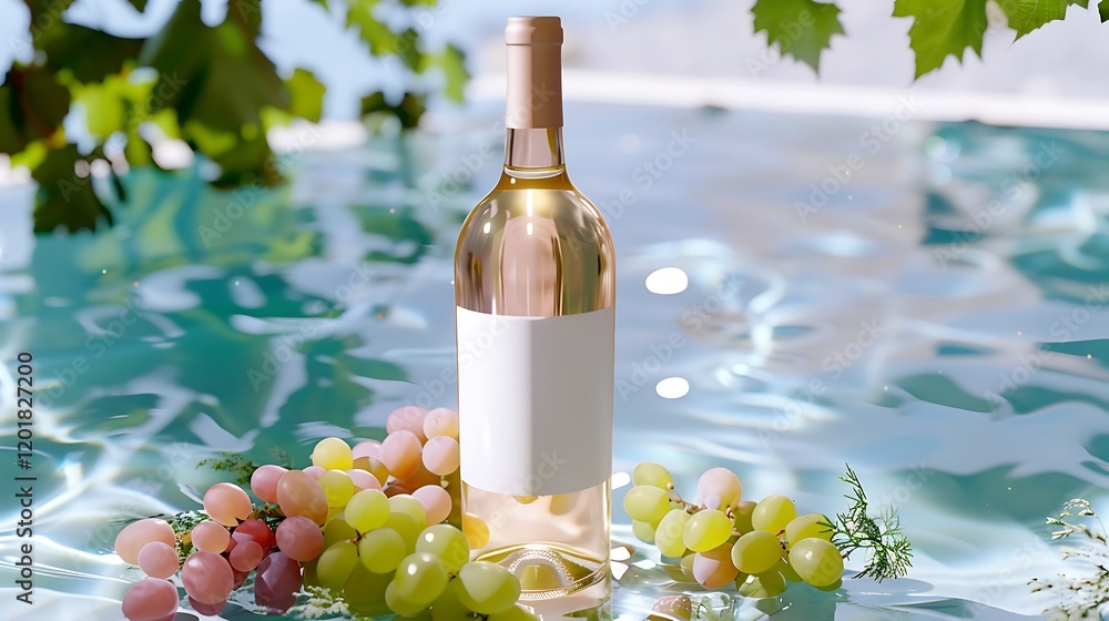 Fototapeta premium A serene scene featuring a wine bottle surrounded by colorful grapes in a tranquil pool setting