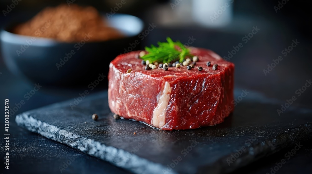A round cut of steak, garnished with a fresh green herb, is displayed on a textured slate surface. The meat is marbled and sprinkled with peppercorns. A round cut of steak, garnished with a fresh green herb, is displayed on a textured slate surface. The meat is marbled and sprinkled with peppercorns.