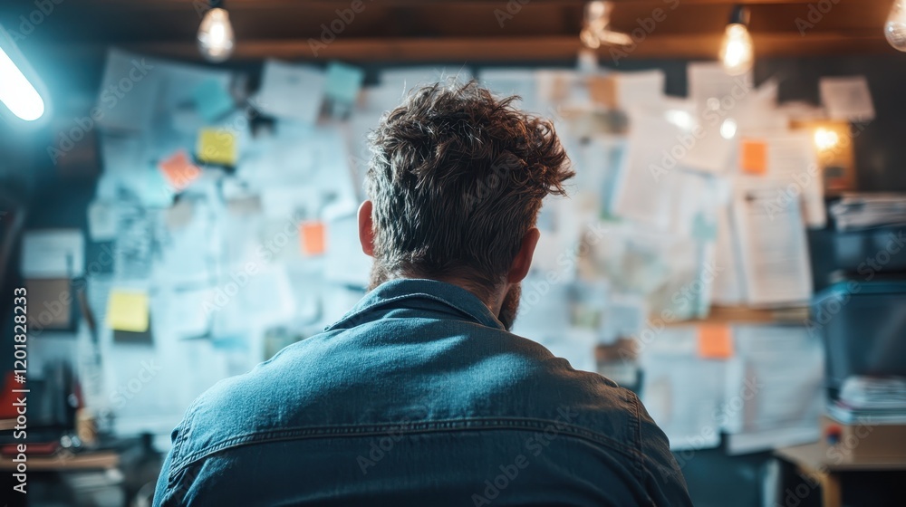 The image shows a person from behind in a denim jacket, facing a cluttered wall filled with notes and papers, indicating a space for brainstorming or planning. The image shows a person from behind in a denim jacket, facing a cluttered wall filled with notes and papers, indicating a space for brainstorming or planning.