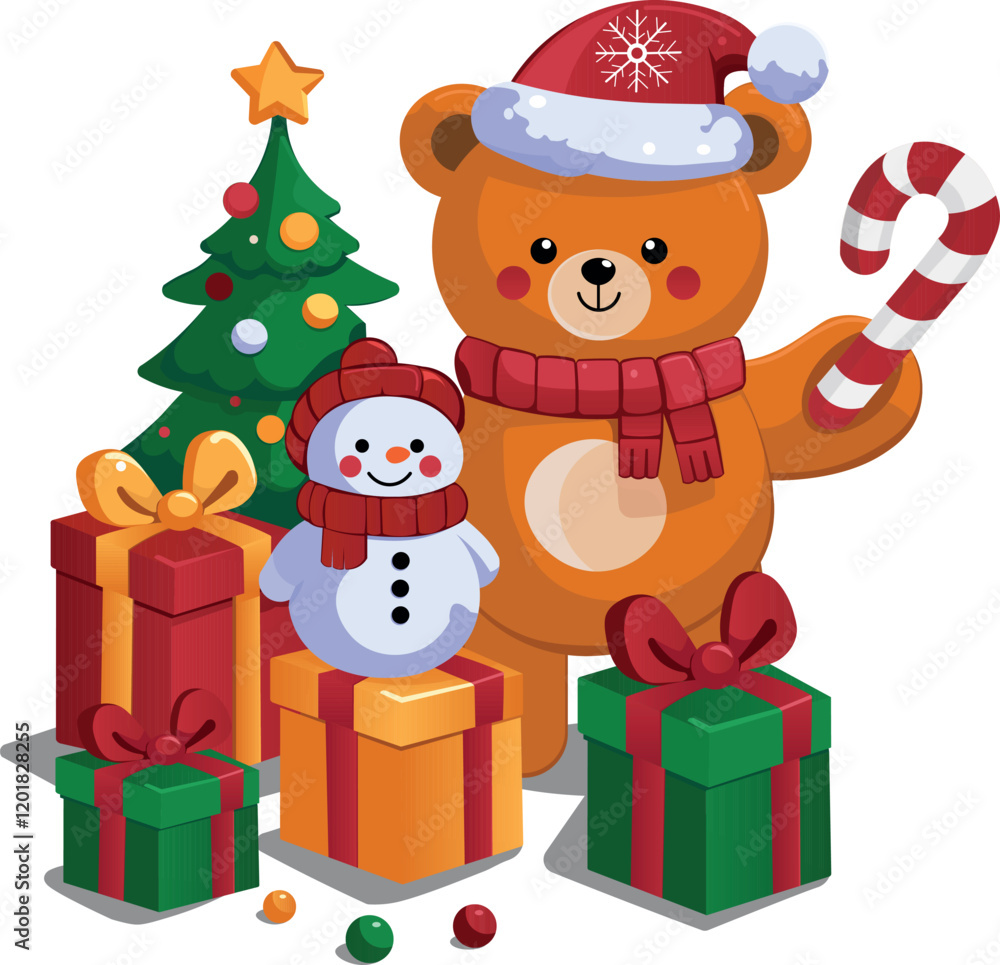 New Year's gifts under the Christmas tree with a teddy bear and a snowman New Year's gifts under the Christmas tree with a teddy bear and a snowman