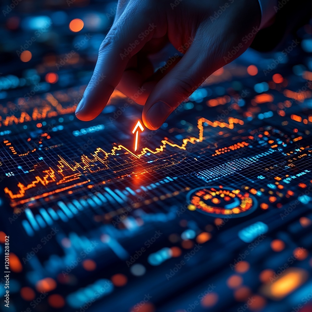 Hand Pointing at Rising Data Line on Digital Interface Display with Glowing Orange Graphics Hand Pointing at Rising Data Line on Digital Interface Display with Glowing Orange Graphics