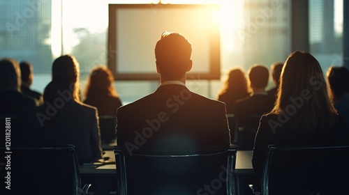 Back View of Audience Member Watching a Presentation in a Conference Room Setting photo