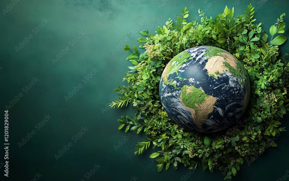 Fototapeta premium mother earth day concept, globe surrounded by greenery, ecofriendly earth, sustainable environment, generative AI earth illustration, environmental conservation, nature protection