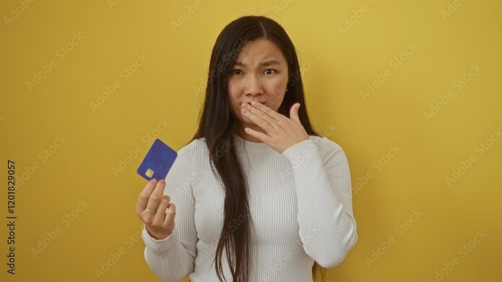 Young chinese woman surprised, hand covering mouth in shock and afraid over credit card mistake, isolated against yellow background Young chinese woman surprised, hand covering mouth in shock and afraid over credit card mistake, isolated against yellow background