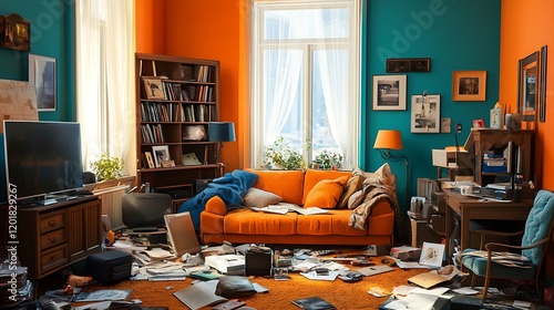 Interior Orange Sofa Clutter With Books And Papers Near Desk And Window In Colorful Room