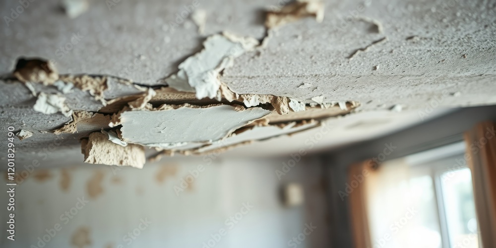 A close-up of a damaged ceiling with peeling plaster, revealing the inner structure of the room. A close-up of a damaged ceiling with peeling plaster, revealing the inner structure of the room.