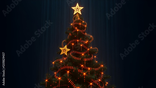 Tech Christmas tree with binary sequence glowing warmly. photo