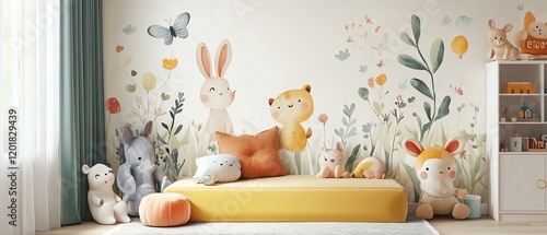 pastelcolored kids room wallpaper, animals in gentle tones, generative AI design, charming animal illustrations, soft backdrop, cozy children s bedroom, playful decor photo