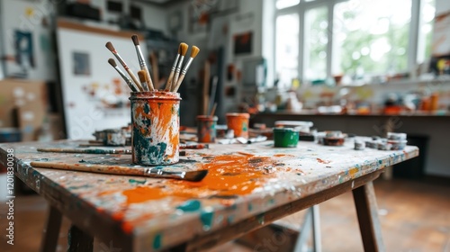 An artist's table messily covered with colorful paint and brushes illustrates the chaotic beauty of creativity and the vibrancy of artistic expression. photo