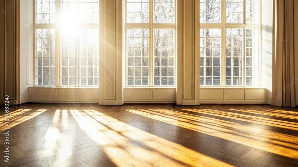 A sunlit room with large windows casting soft, warm light on the hardwood floor. A sunlit room with large windows casting soft, warm light on the hardwood floor.