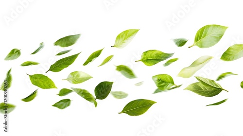 Falling Green Leaves Isolated on White Background
