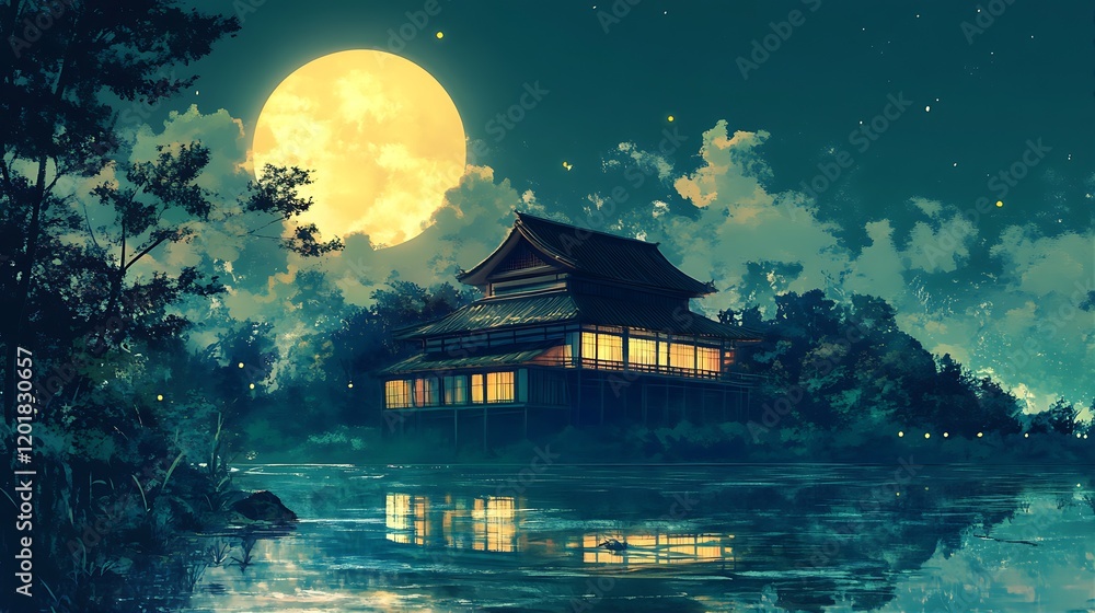 Fototapeta premium Nighttime Temple Scene Reflected on Water Under a Large Full Moon Lit by Fireflies