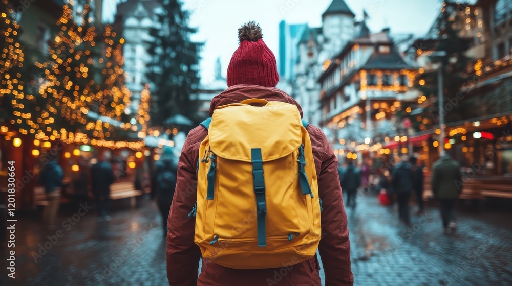 A person in a red beanie stands with a yellow backpack, surrounded by festive lights in a charming city setting, evoking a sense of winter wonder and exploration. A person in a red beanie stands with a yellow backpack, surrounded by festive lights in a charming city setting, evoking a sense of winter wonder and exploration.
