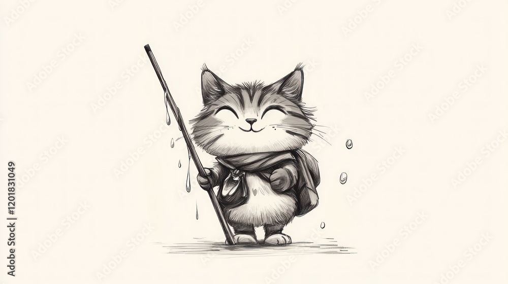 Obraz premium Happy cat hiker, backpack, staff, rain, adventure, illustration, white background, digital art