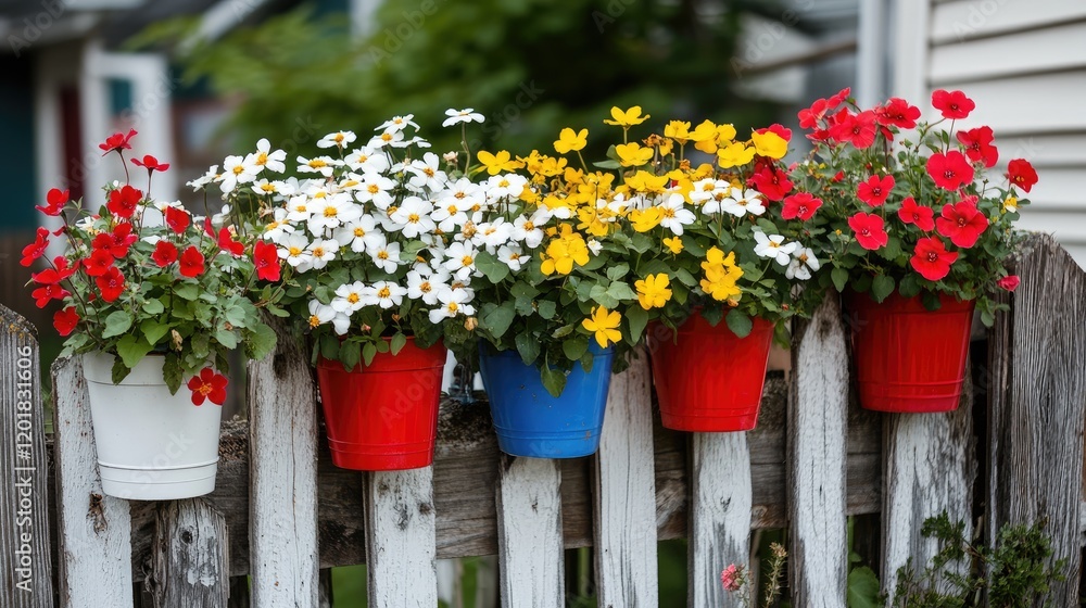 Fototapeta premium A vertical display of flowers in small pots attached to a wooden fence.