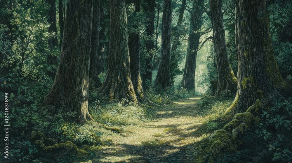 Obraz premium Sunlit path through a dense, mossy forest.