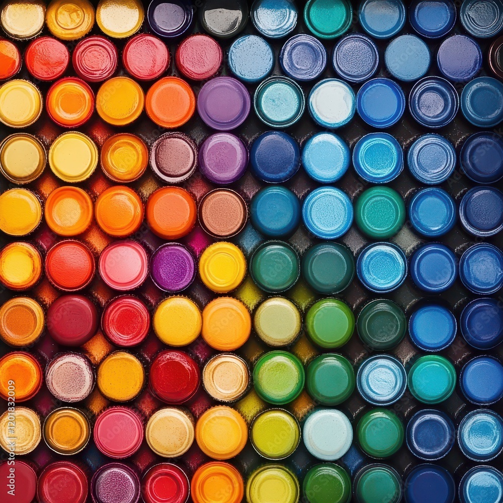 Vibrant Seamless Pattern of Colorful Metal Bottle Caps Arrangement Vibrant Seamless Pattern of Colorful Metal Bottle Caps Arrangement