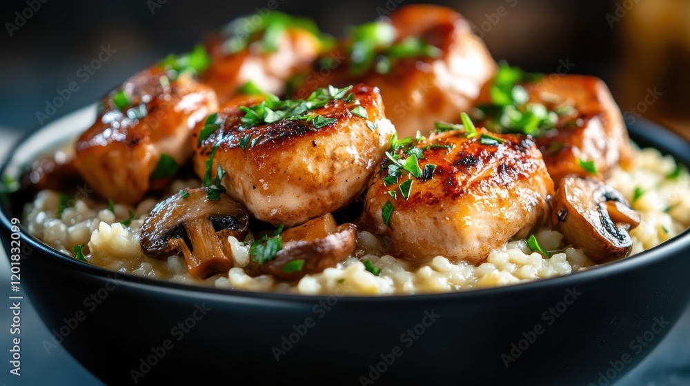 The image displays a mouthwatering dish with sautéed chicken and mushrooms lying atop a bed of creamy risotto, adorned with herbs to enrich its flavor profile.