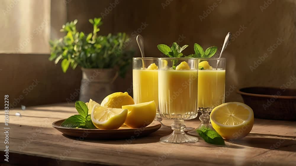 Fruit salad garnished with lemon slices. Seamless 4K looping timelapse video animation background Fruit salad garnished with lemon slices. Seamless 4K looping timelapse video animation background