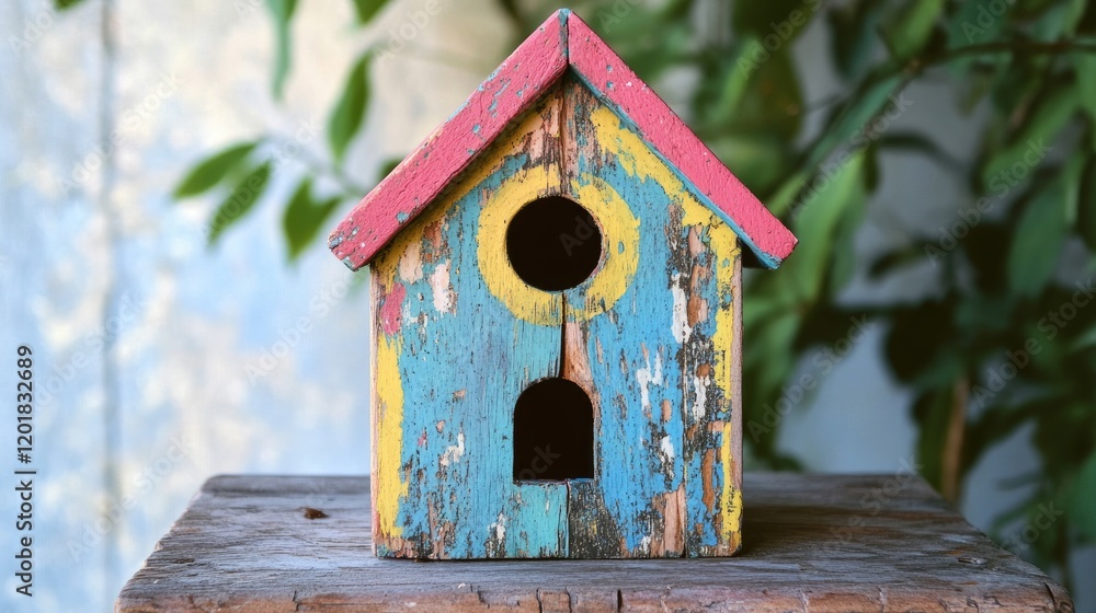 A wooden birdhouse painted in bright colors, displayed on a rustic table. A wooden birdhouse painted in bright colors, displayed on a rustic table.