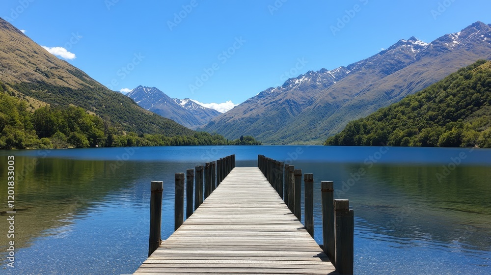 A wooden pier stretching out into a calm lake under a bright blue sky. A wooden pier stretching out into a calm lake under a bright blue sky.