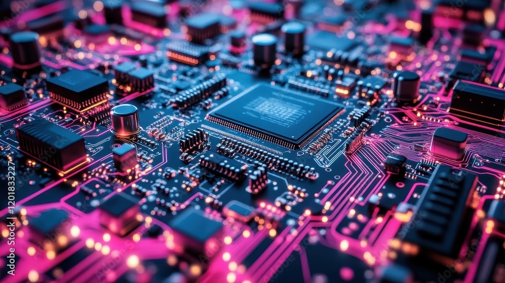 Fototapeta premium High-Tech 3D Rendering of Digital Circuit Board with Neon Lights