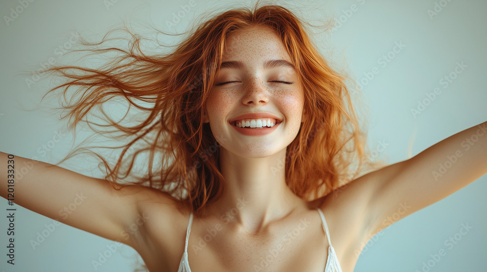 Joyful young woman with flowing red hair enjoying a moment of happiness indoors during daylight Joyful young woman with flowing red hair enjoying a moment of happiness indoors during daylight