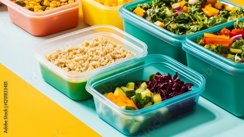 Colorful meal prep container filled with various healthy ingredients for organized eating. photo