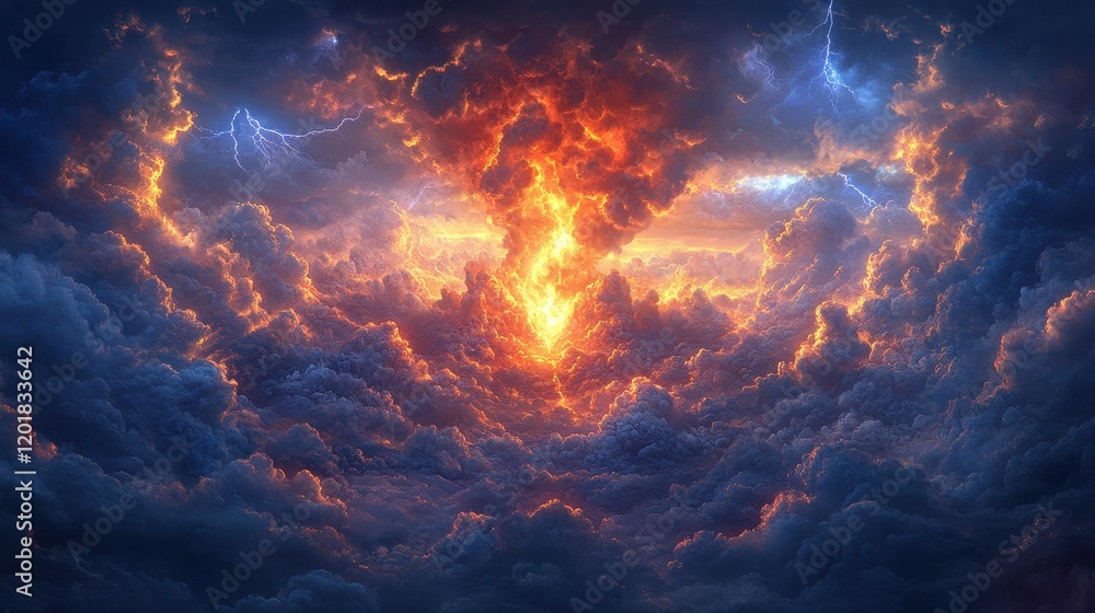Fiery Volcano Erupts with Molten Lava and Thick Smoke Filling Sky Fiery Volcano Erupts with Molten Lava and Thick Smoke Filling Sky