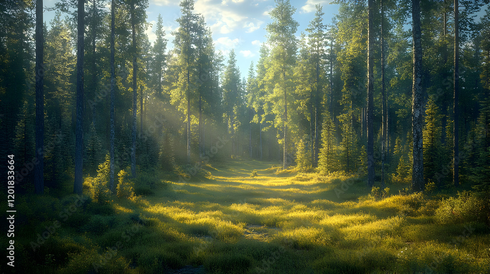Fototapeta premium Sunlit Path Through a Serene Forest, Golden Light Illuminates Lush Green Meadow