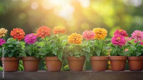 Wallpaper Mural Bright zinnias blooming in small clay pots hanging on a garden fence. Torontodigital.ca