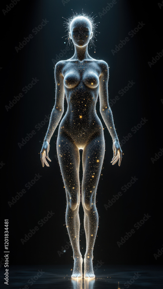 AI Girlfriend with glowing body surrounded by stars. AI Girlfriend with glowing body surrounded by stars.