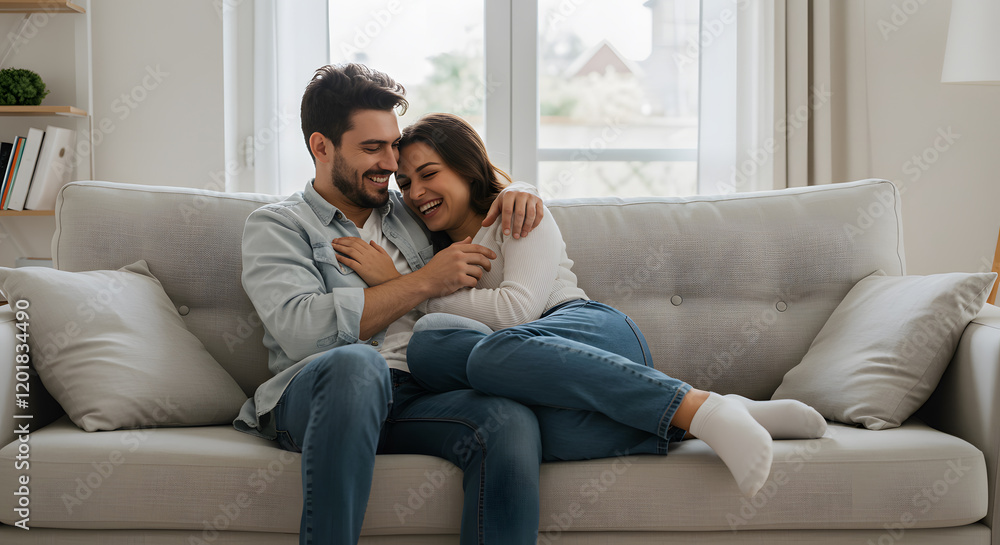 Young couple sharing intimate laughing moment on couch at home, relationship happiness concept Young couple sharing intimate laughing moment on couch at home, relationship happiness concept