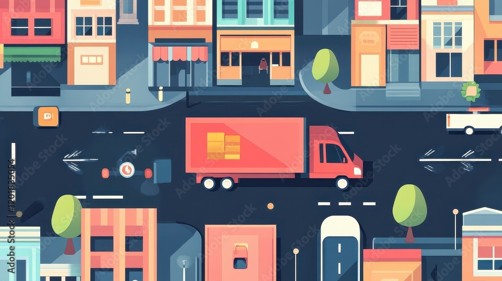 Obraz premium E-commerce delivery flat design top view modern urban logistics cartoon drawing vivid 