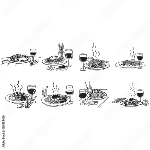 Italian homemade pasta retro vintage doodle drawing. Family dinner, picnic, breakfast or supper with wine, macaroni and snacks.