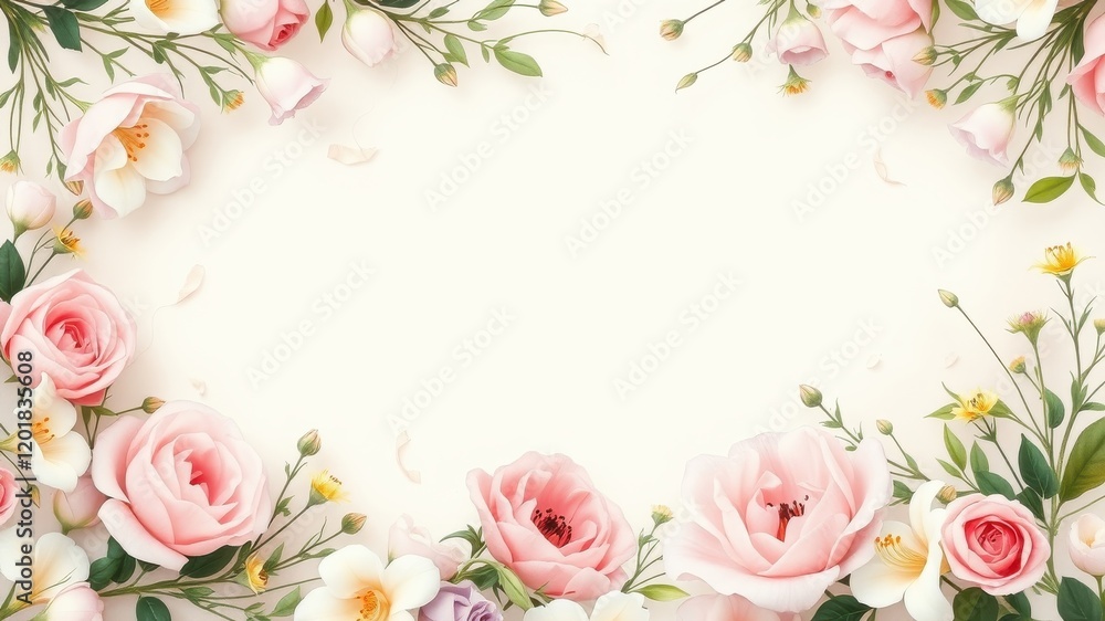 A Delicate Frame of Pink Roses and Buds, Arranged Around a White Background for Elegant Floral Design A Delicate Frame of Pink Roses and Buds, Arranged Around a White Background for Elegant Floral Design