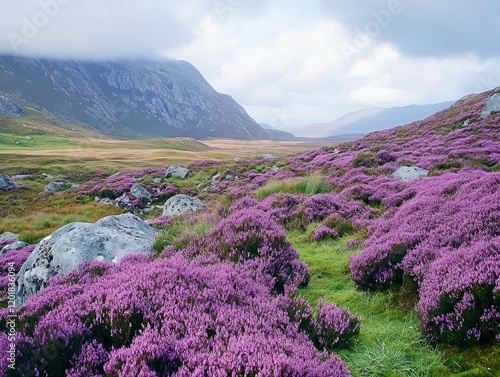 Vibrant purple heather blossoms cover hillsides in a scenic mountain landscape under cloudy sky photo